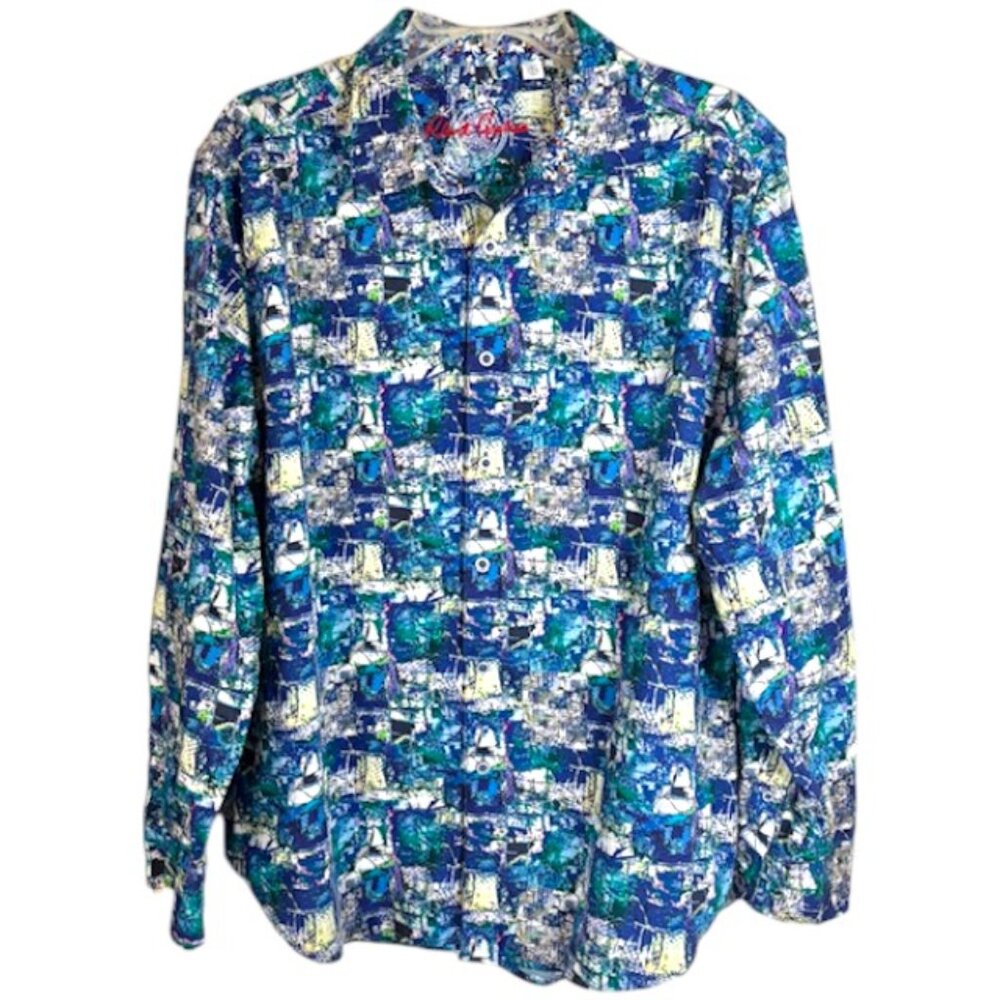 Robert Graham 100% Cotton Button Up Print Shirt Embroidery - Blue/Green - 2XL